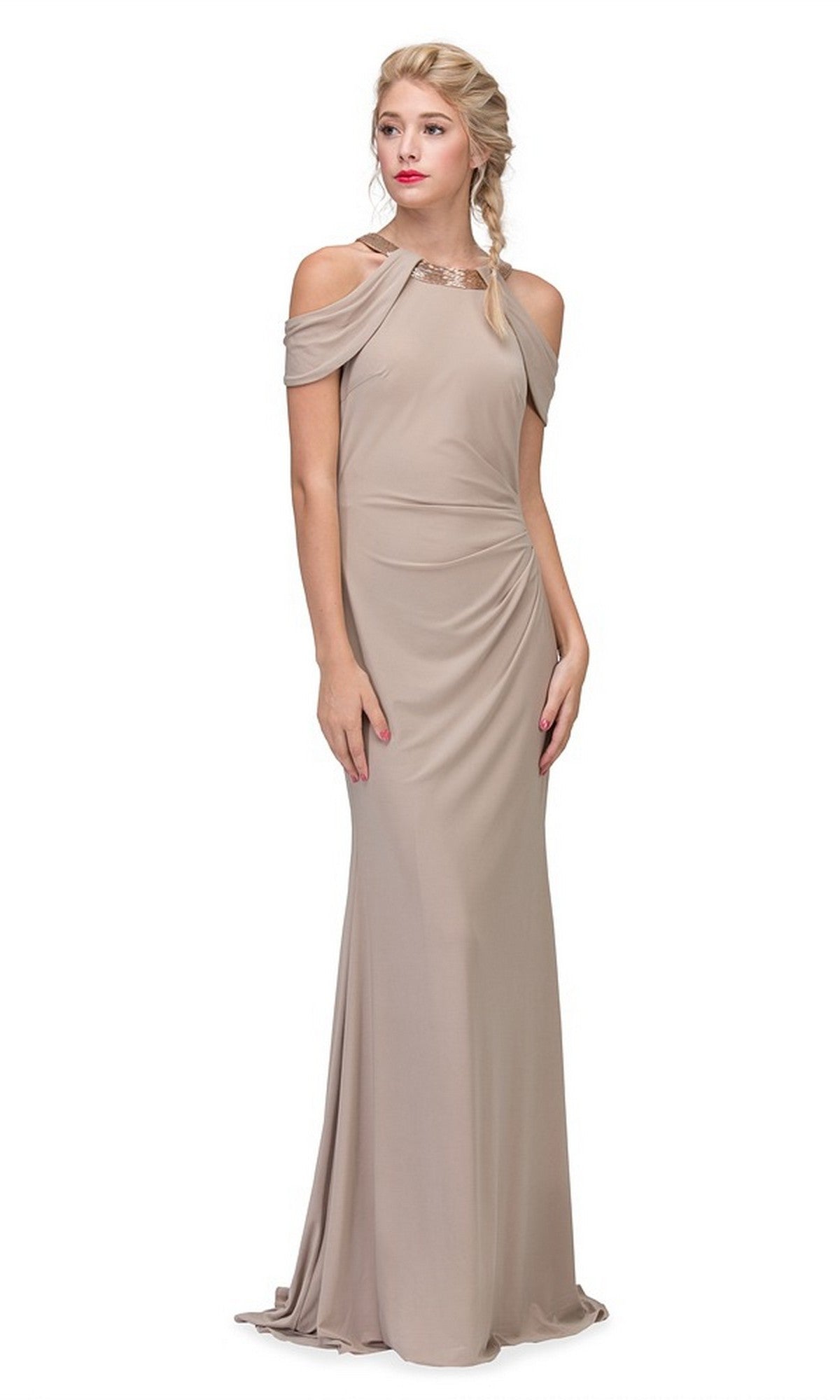 A woman in the beige Long Formal Dress: Eureka 7400 with a cold shoulder neckline stands against a white background.
